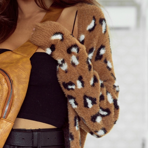 Fuzzy Leopard Knit Cardigan Long Sleeve Mobwife Soft Longline Open Front Sweater - Picture 6 of 14